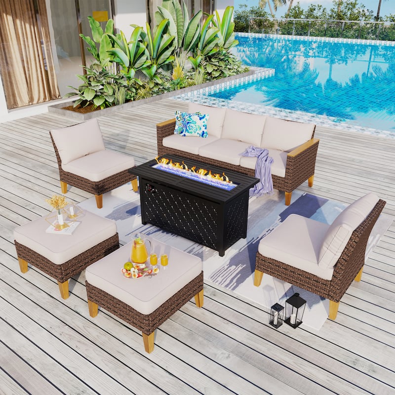 8-Piece Patio Outdoor Wicker Sectional Sofa Set, Large Seating Furniture Conversation Sets with Fire Pit Table