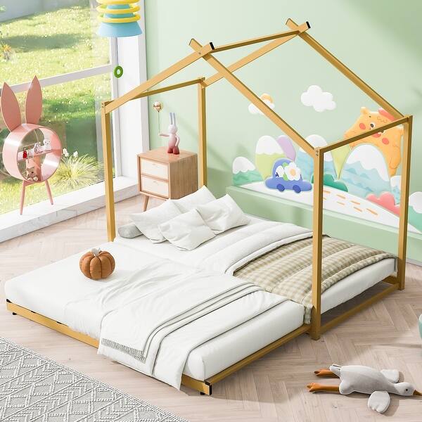 slide 2 of 7, Twin Size Metal Platform Bed Frame with Roof & Guardrails, Metal House Bed with Trundle Bed for Kids Teens Girls Boys, Gold Gold - Twin