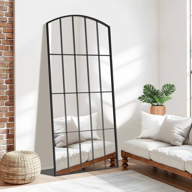 Wrought Iron Grid Full Length Arch Rectangle Frame Window Mirror Freestanding