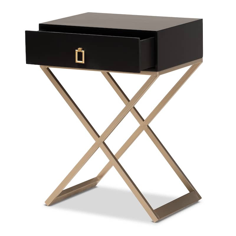 Modern Black Nightstand with Drawer - Wood & Metal Bedside Table, Contemporary Accent Furniture