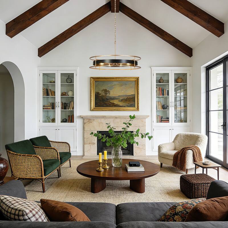 31" Modern Luxury 8-Light Black Gold Wheel Chandelier Oversize Pendant Light for Kitchen Island - 31.6 " × 17.5 "