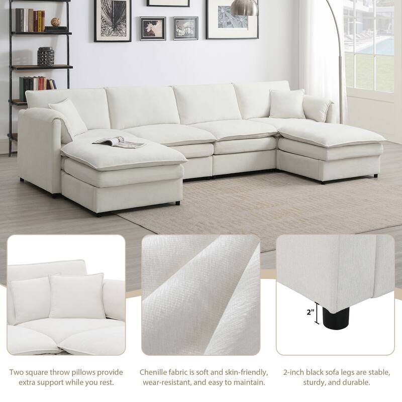 U-Shaped Modern Chenille Modular Sectional Sofa with Double Cushions, Offered in 3 Colors
