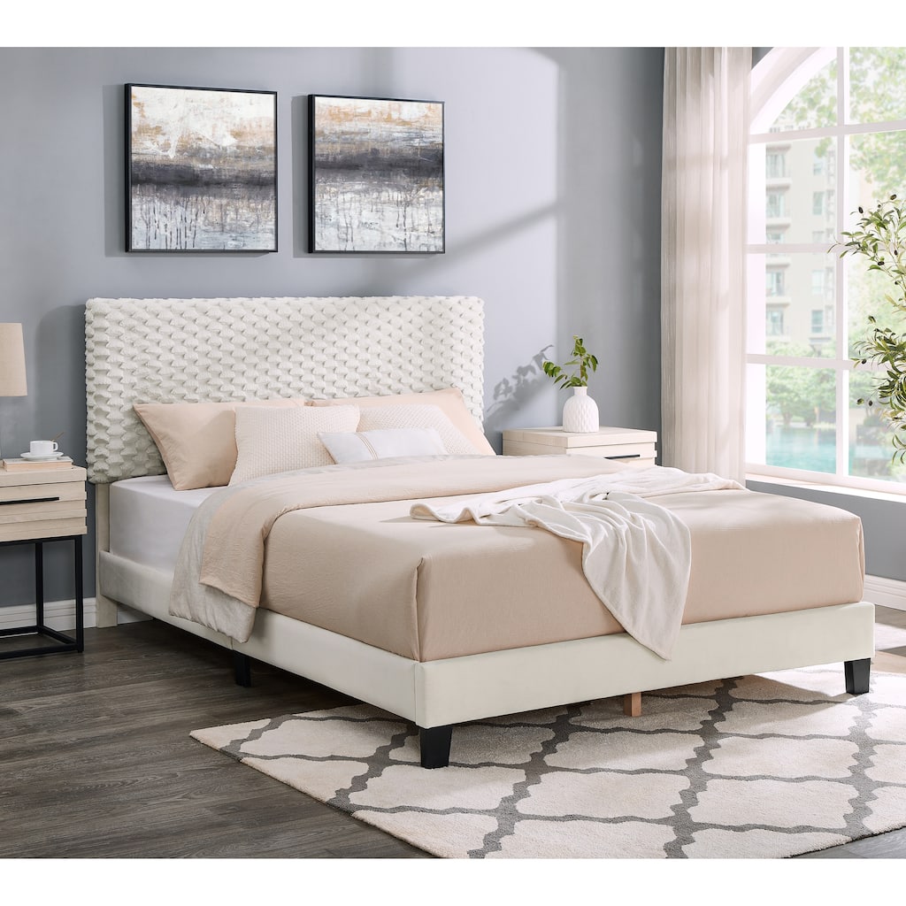 Plush 3D Upholstered Platform Bed in White Dove, Queen