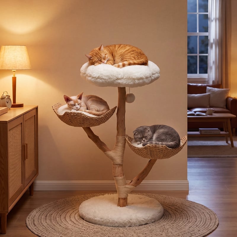 Natural Fruitwood Wooden Cat Tower with Sisal Scratching Posts, Indoor Cat Tree with Hand-Woven Willow Baskets & Plush Cushions