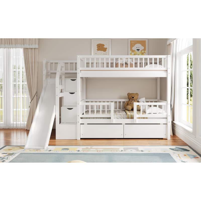 Roomfitters Twin Over Twin Bunk Bed with Slide, Storage Staircase and Drawers