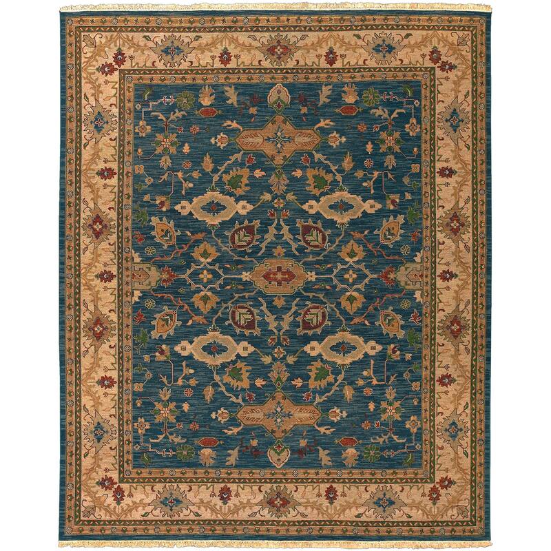 Hand Knotted Semi-Worsted New Zealand Wool Blue Harris Area Rug - 8' x 10' - 8' x 10' - 8' x 10' - Blue/Beige