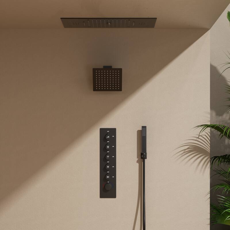 GRANDJOY Dual Shower Heads System with 3 Spray Modes 22"*15" Ceiling and 6" Wall Mount Body Jets Handheld Spray LED Music