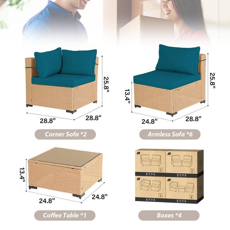 Patio Watcher Patio Conversation Set 9-Piece Yellow Wicker Sectional Seating Group with Cusions