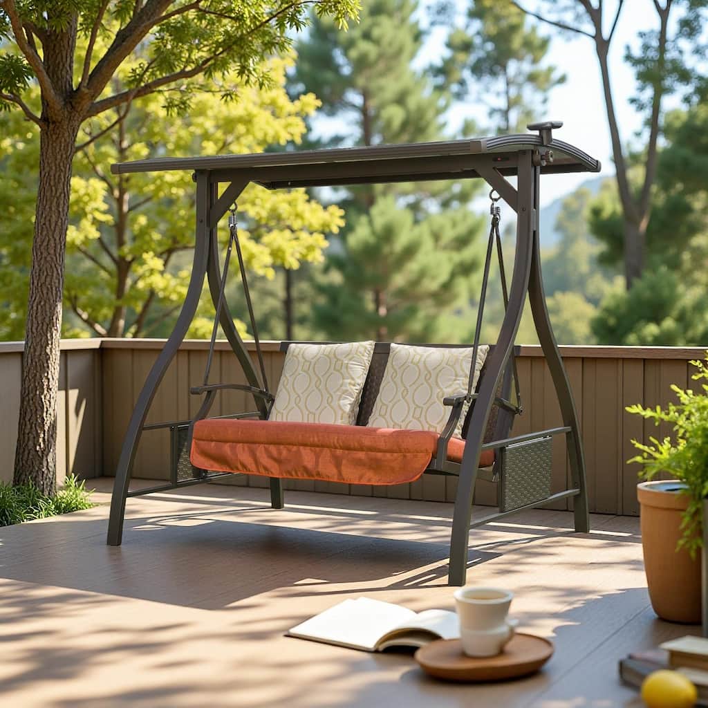 Steel Frame 2-Person Porch Swing with Adjustable Canopy, Solar LED Lights and Sunbrella Cushions