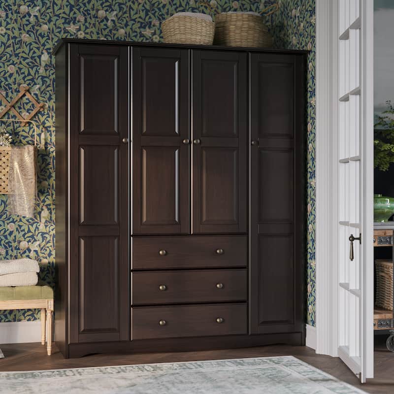 Palace Imports 100% Solid Wood Family 4-Door Wardrobe Armoire with Metal or Wooden Knobs - Java-Metal Knobs