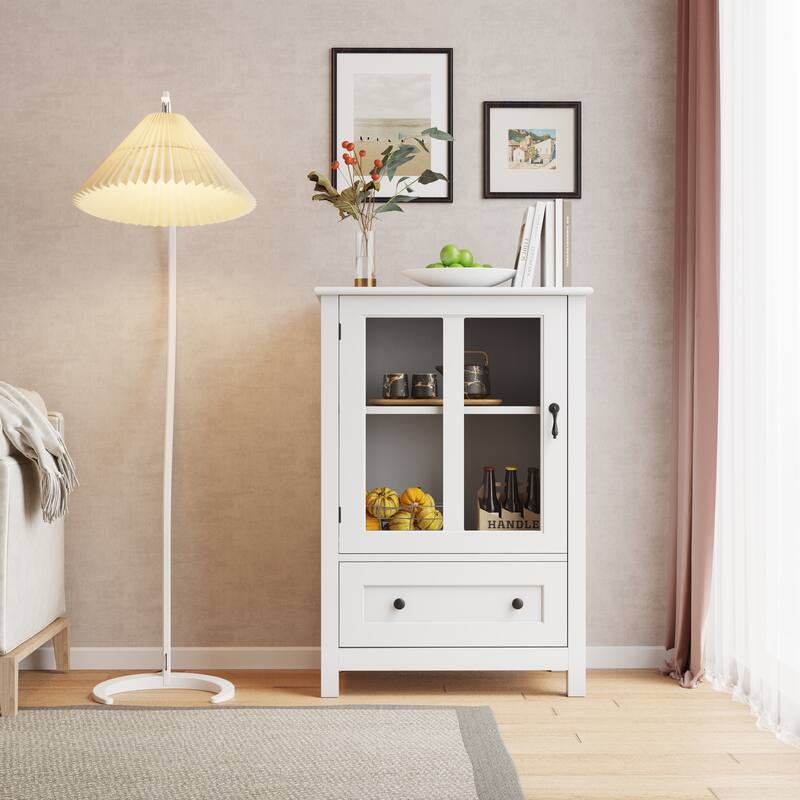 Buffet storage cabinet with double glass doors and unique bell handle - 22.05"W