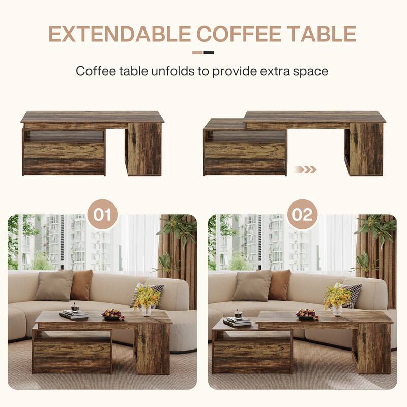 Wooden Extendable Coffee Table with Storage for Living Room