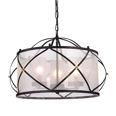 Oil Rubbed Bronze 3-Light Wrought Iron Drum Chandelier with White Shade