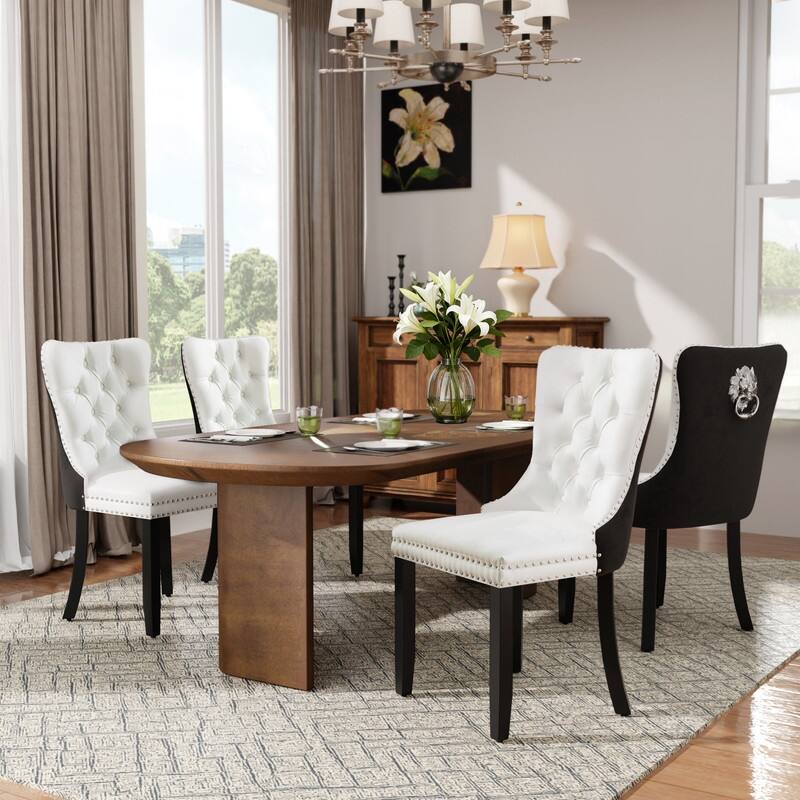High-end Tufted Velvet Upholstered Nailhead Dining Chair Set of 4 - White Black