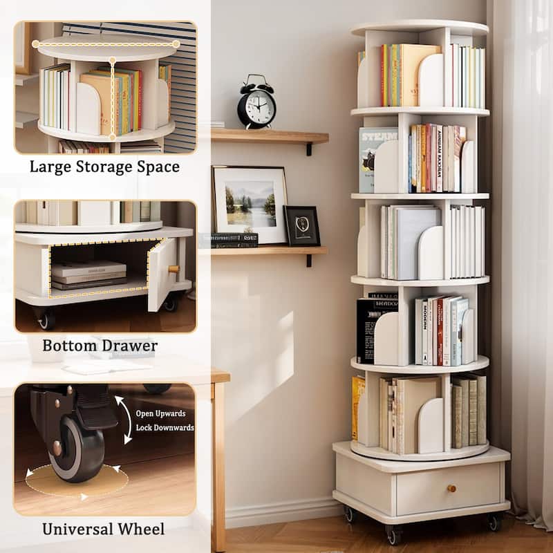 Anmytek 360 Rotating Corner Bookshelf with Wheels Space Saving Storage for Small Rooms