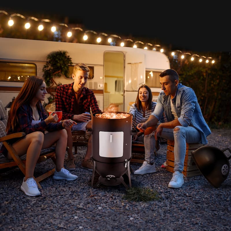 Black Steel Charcoal Smoker With Three Layer Round BBQ Grill
