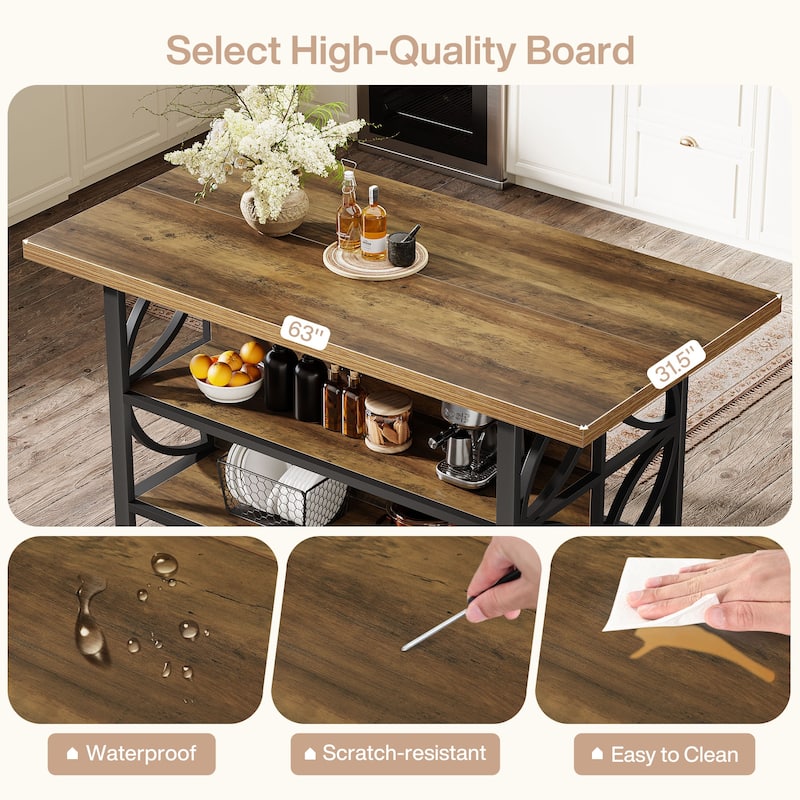 63'' Industrial Kitchen Island Bar Table with Open Storage Shelves