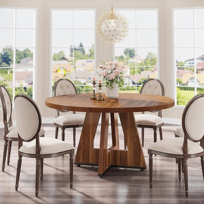 47" Round Wood Dining Table 4-Seater Farmhouse with Wooden Tabletop Cross Base for Dining Room/Kitchen
