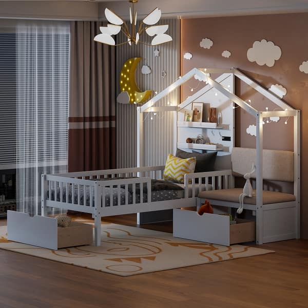 slide 2 of 20, Versatility Twin Size House Bed with Upholstered Sofa, Wood Guardrail Bed with Shelves and Two Drawers, Charging Station Design White
