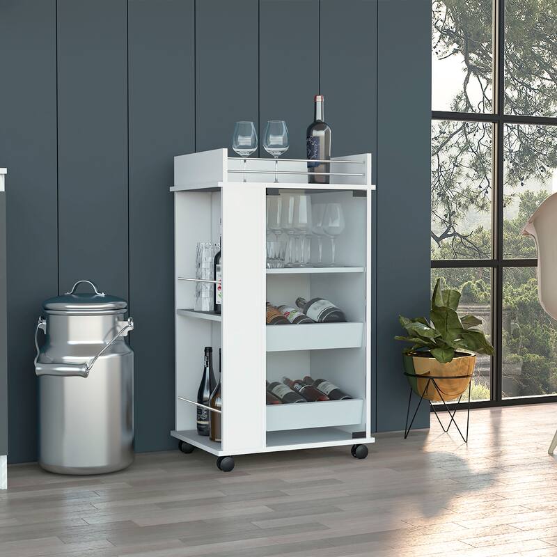 Bar Cart with Casters,Glass Door and 2-Side Shelf for Kitchen,Living Room and Dinning - White