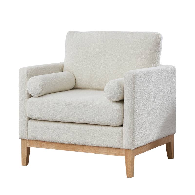35" Farmhouse Style Boucle Single Sofa Accent Chair with Storage Footstool, Natural Wood Legs for Living Room, Office