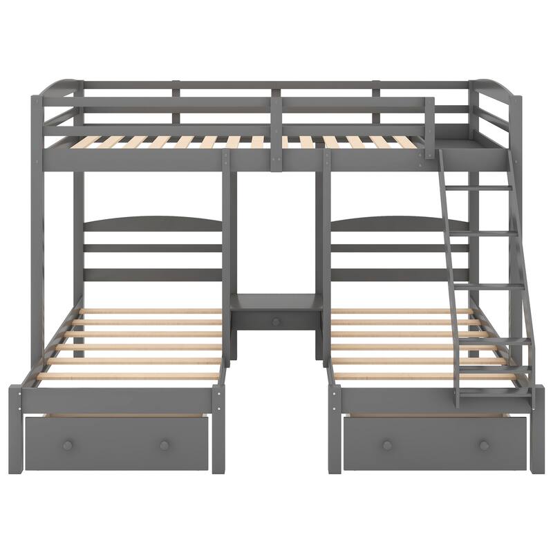 Space-Saving Triple Bunk Bed with Drawers, Full Over Twin & Twin, Gray