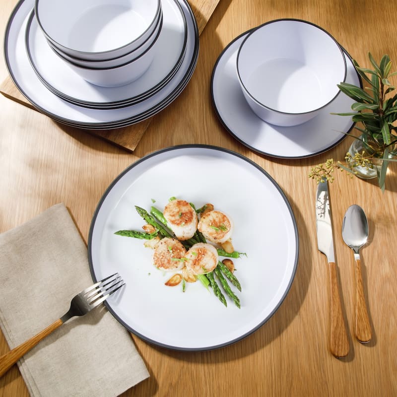 Gibson Home Folsom Shores 12 Piece Unbreakable Modern Melamine Plates and Bowls Dinnerware Set - White W/ Black Rim