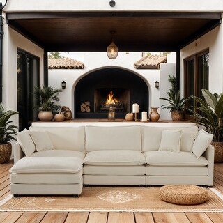 Premium Blue Chenille L-Shaped Sectional Sofa with Ottoman