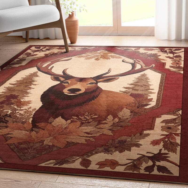 Well Woven Apollo Deer with Antlers Novelty Animal Print Flat-Pile Rug - 9'10" x 13' - Red Beige