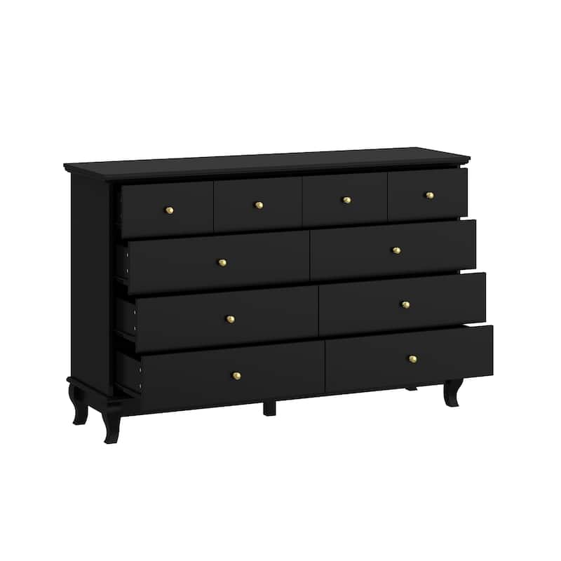 Black 8 Drawer Dresser with Solid Wood Legs, Modern Double Dresser Storage Cabinet for Bedroom, 55.1" Wide