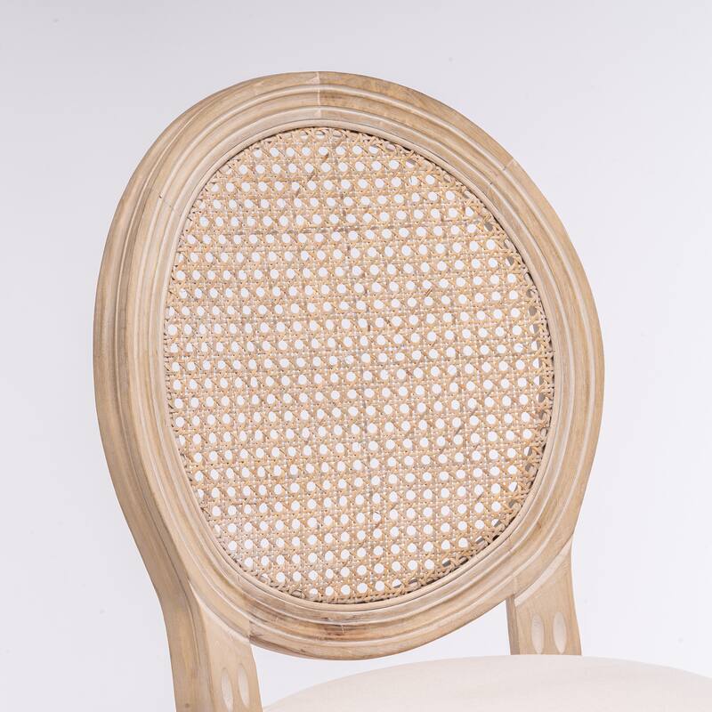 French Country Wooden Barstools Rattan Back With Upholstered Seating, Set of 2