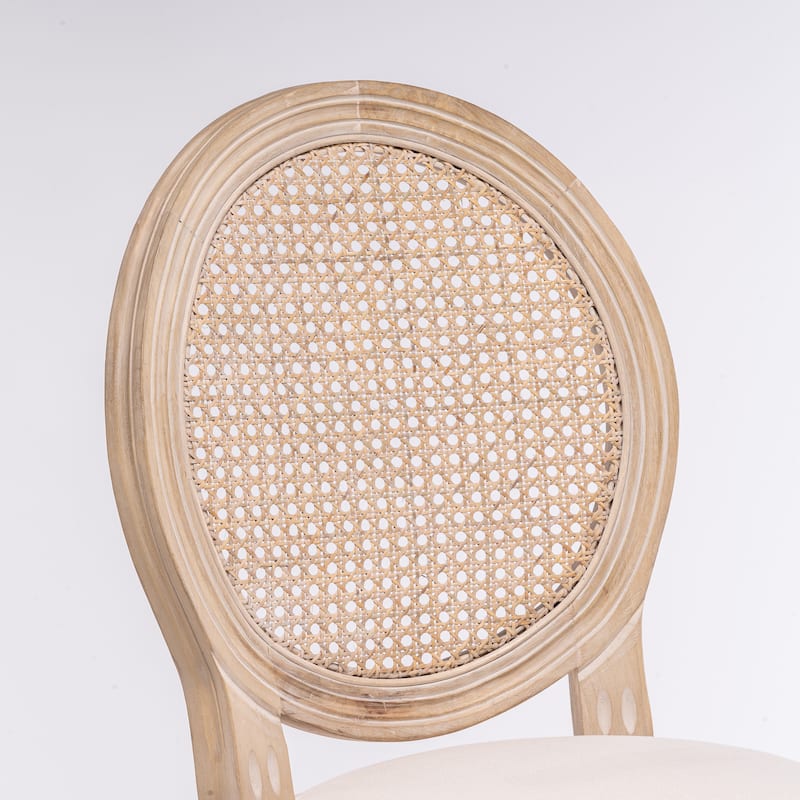 French Country Wooden Barstools Rattan Back With Upholstered Seating,Beige and Natural,Set of 2