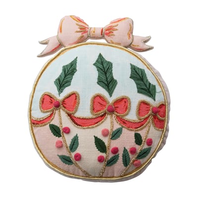 Slub Printed Ornament Shaped Pillow with Embroidery, Pom Poms, Holly, Bows, Beads, and Velvet Back