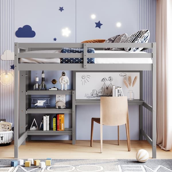 slide 2 of 11, Full Size Loft Bed with Storage Shelves, Wooden Bed with Desk, Kid's Bed with Writing Board for Bedroom, Grey Grey