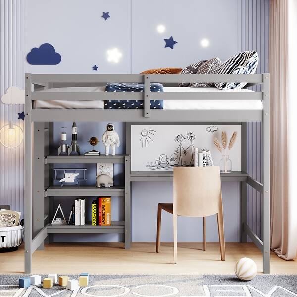 slide 2 of 25, Full Size Wooden Loft Bed with Desk, Shelves, and Writing Board Grey - Full
