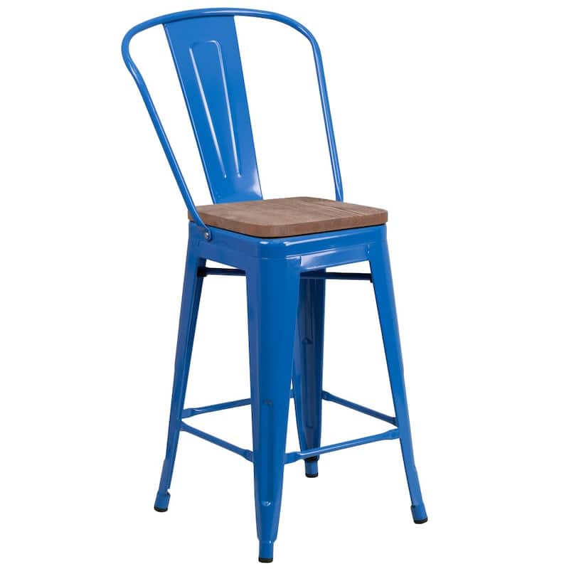 4 Pack 24" High Metal Counter Height Stool with Back and Wood Seat - 17.75"W x 20"D x 39.25"H