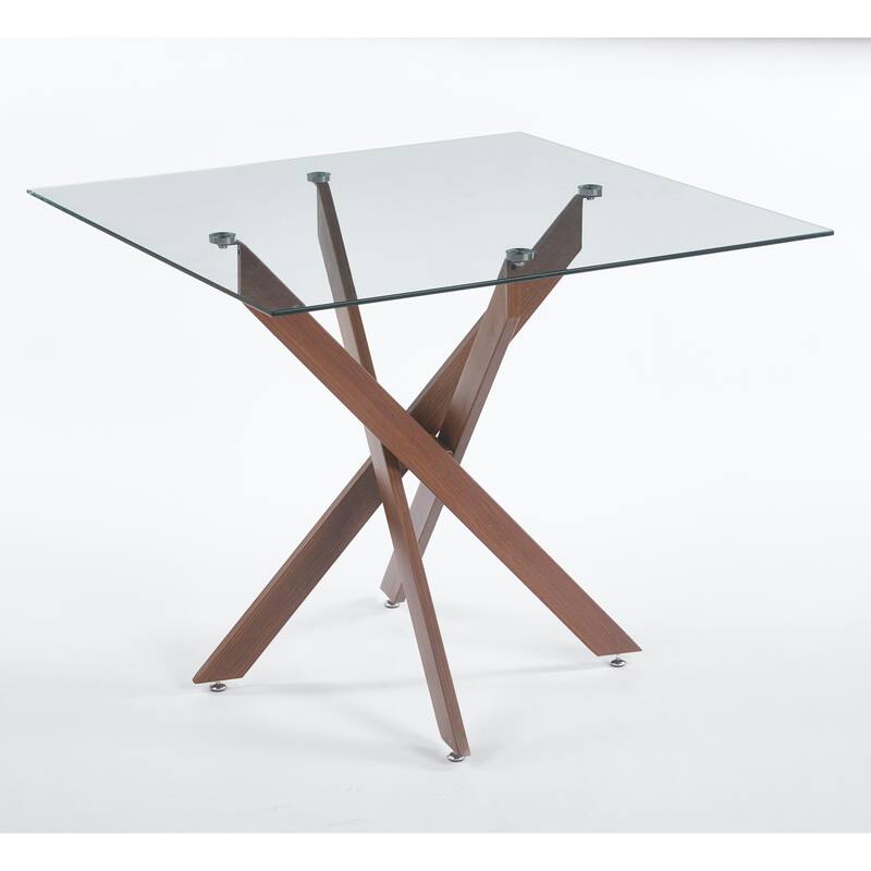 Square Glass Dining Table for 4 Person, Kitchen Table with Tempered Glass & Cross Metal Legs, Modern Leisure Coffee Table