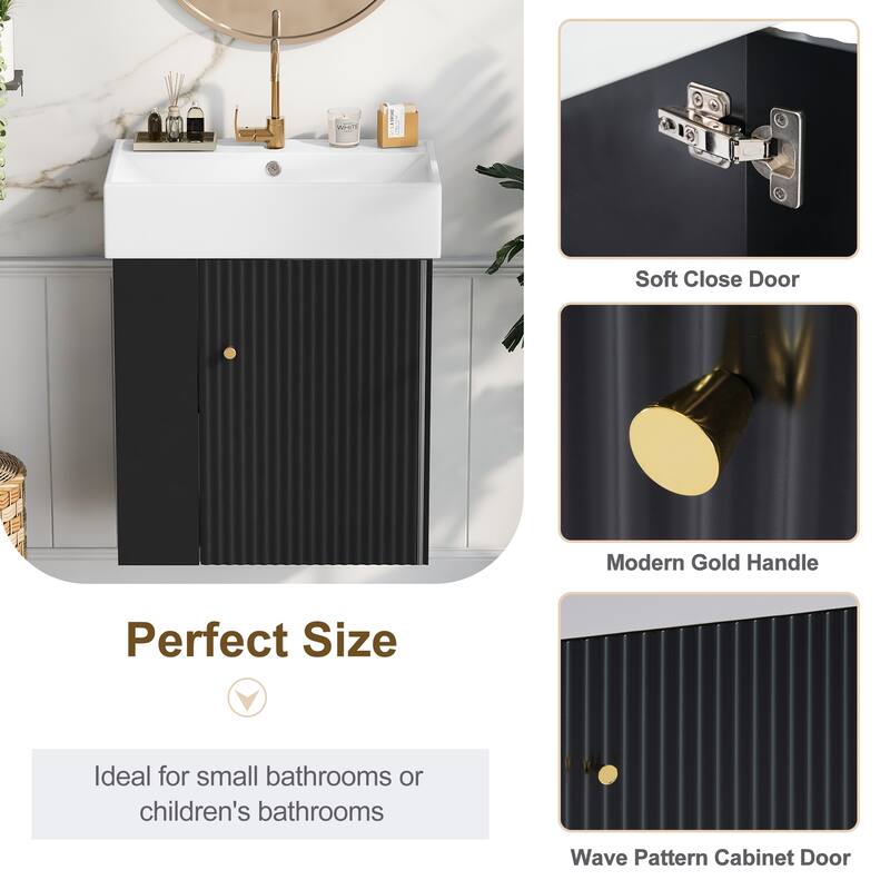Floating Bathroom Vanity Cabinet with Sink & Left Side Storage, Black - 21.6 Inch