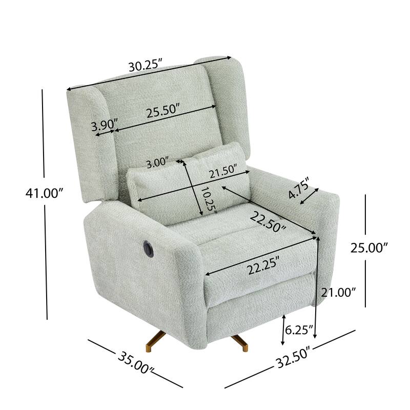 Roomfitters Power Swivel Recliner Chair, Upholstered 360° Swivel Power Recliner with Gold 5-Star Base - Gold+Light Green