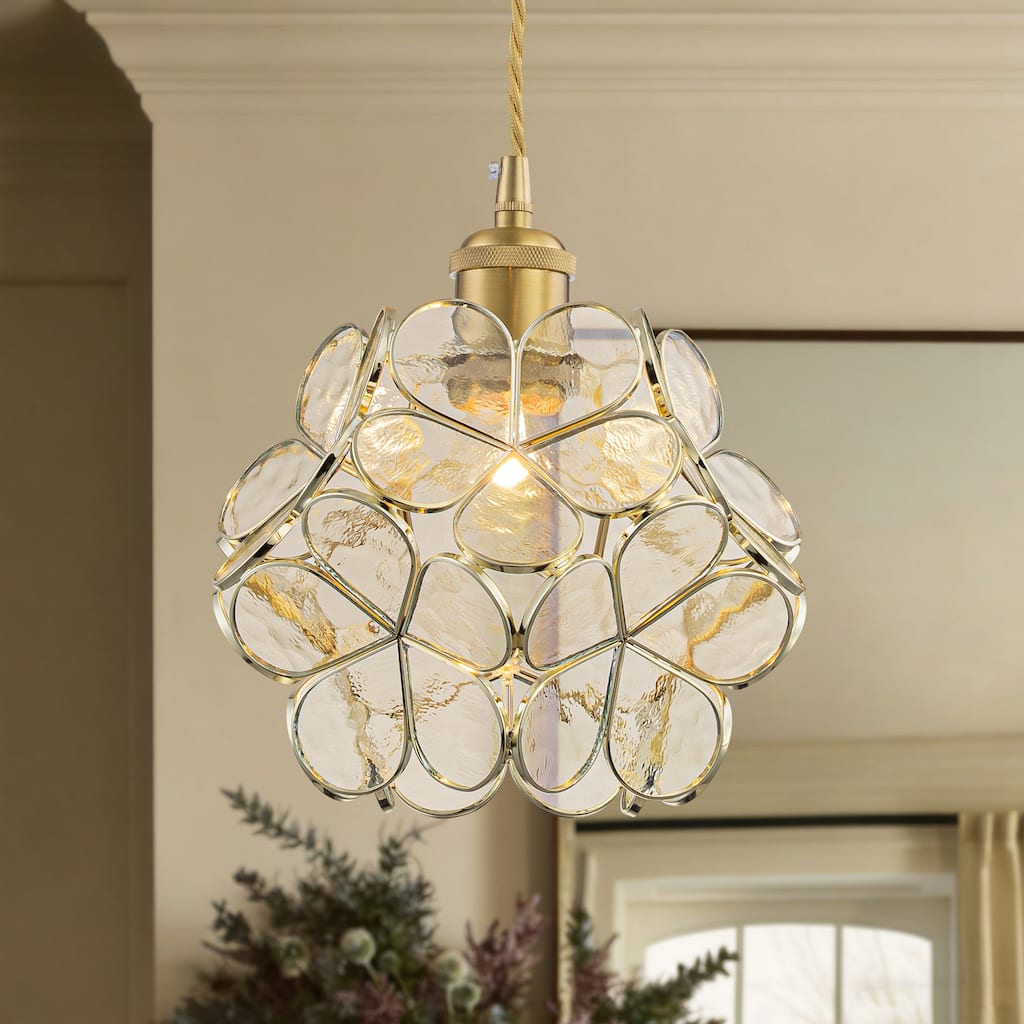 Rennnsan 1-Light Mid-Century Brass Glass Flower Pendant Light Vintage Floral Ceiling Light for Dining Room Kitchen Island