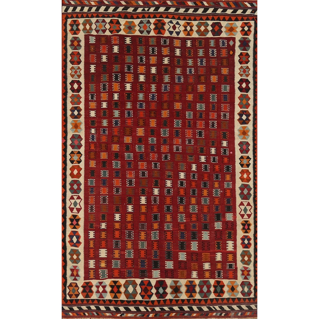 Vegetable Dye Tribal Kilim Qashqai Persian Vintage Wool Carpet - 5'9"x 9'7"