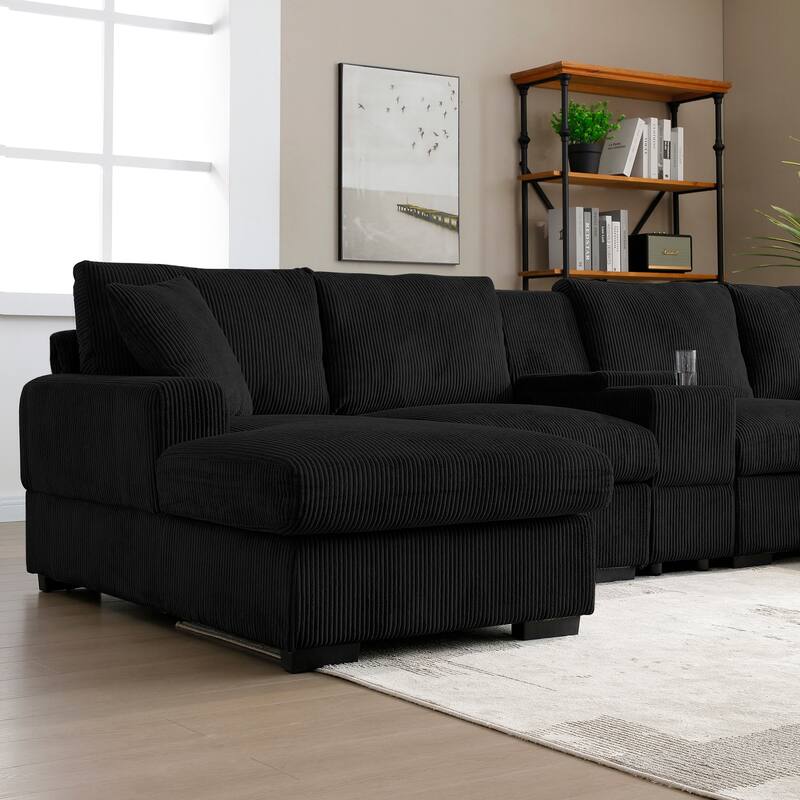 Modern Memory Foam Couch Corduroy U-shaped Sectional Sofa with Storage Console, Cup Holders and USB Ports for Living Room