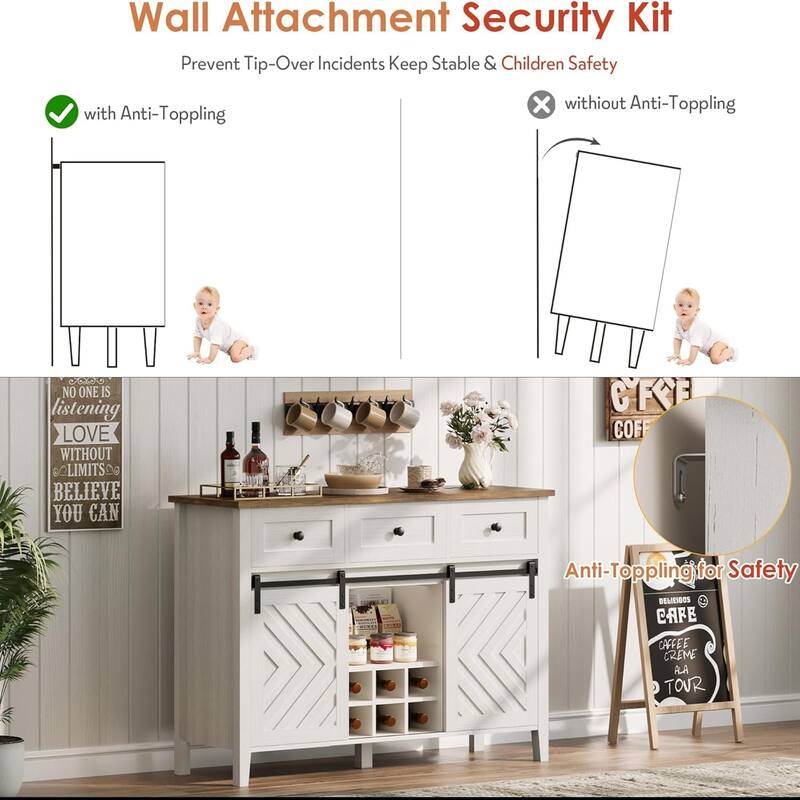 47.2" Farmhouse Sideboard, 33.4" High, with 3 Drawers, Adjustable Shelves and Removable Wine Rack, White
