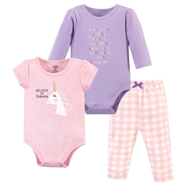 slide 1 of 1, Luvable Friends Baby Girl Cotton Bodysuit and Pant, Unicorn 0-3 Months - Unicorn