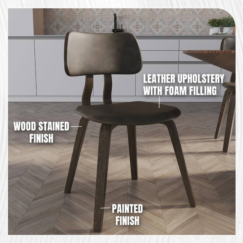 Clivo Leather Dining Chair with Open-Back and Poplar Wood Legs for Kitchen or Dining Room Set of 2