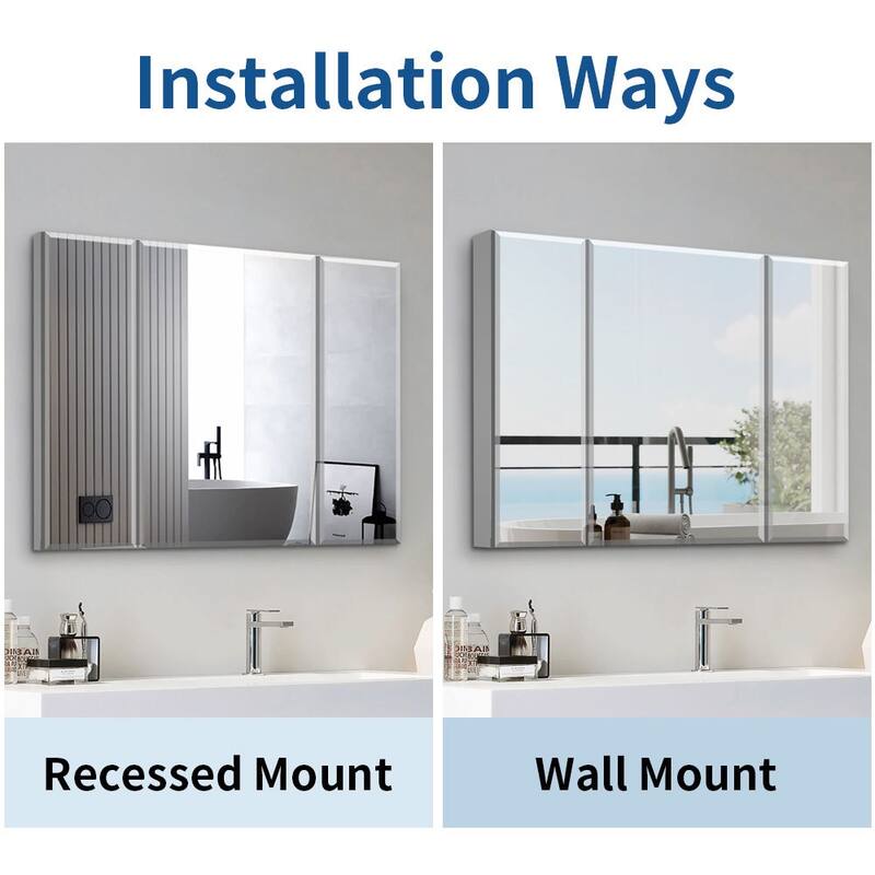 Silver 36 in. W × 26 in. H Rectangular Aluminum Surface Mount Bathroom Medicine Cabinet with Mirror 3 Doors - 36''×26''
