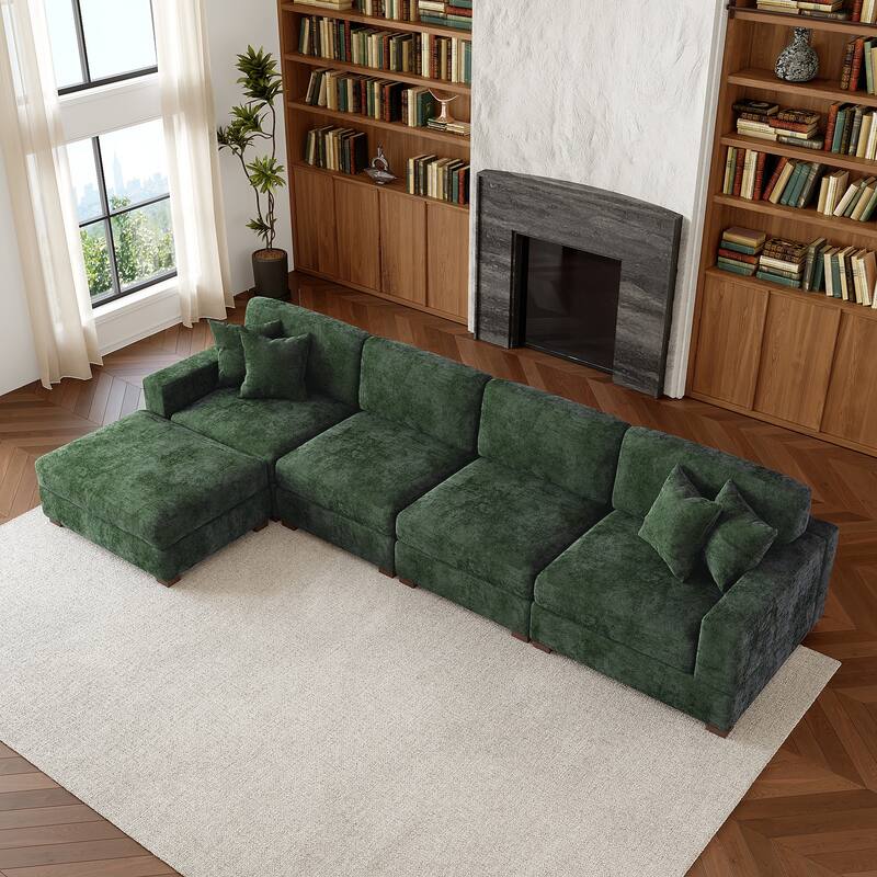 Oversized Chenille Modular Sectional Sofa Living Room Set with Ottoman - Green/5 Piece