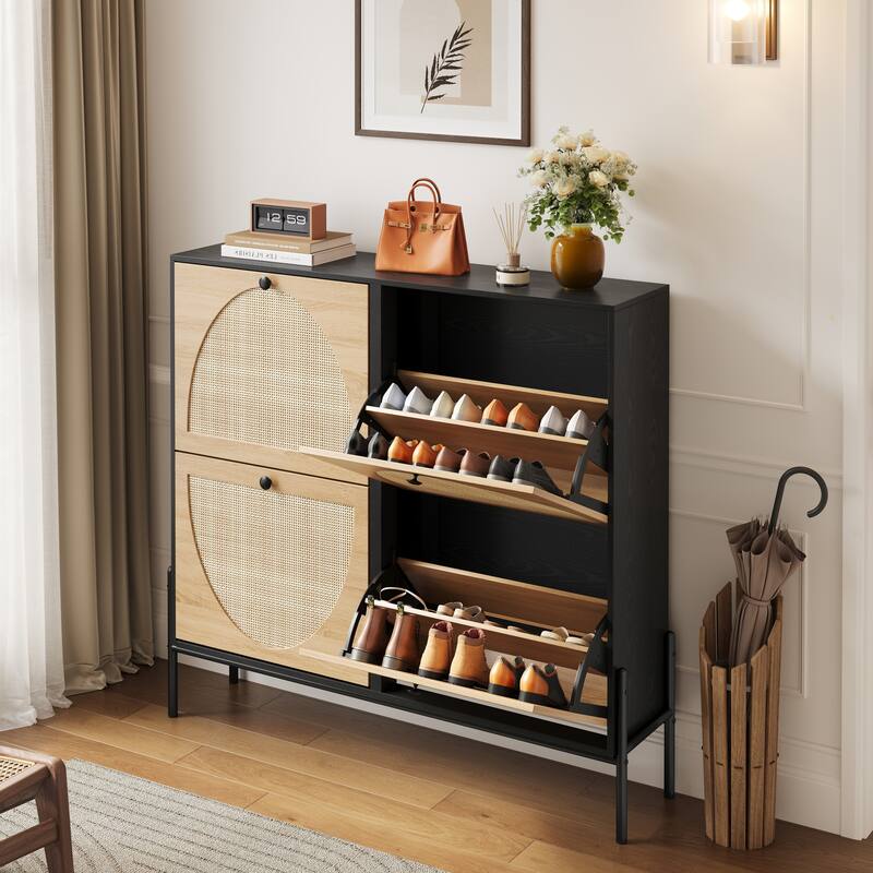 Space-Saving Rattan Shoe Cabinet with 4 Flip-Down Doors-Elegant Narrow Storage for Entryways & Hallways