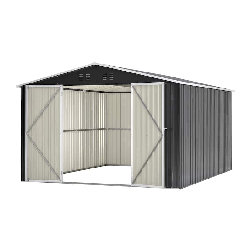 10x12 Ft Black Metal Garden Shed, Lockable Outdoor Tool Storage