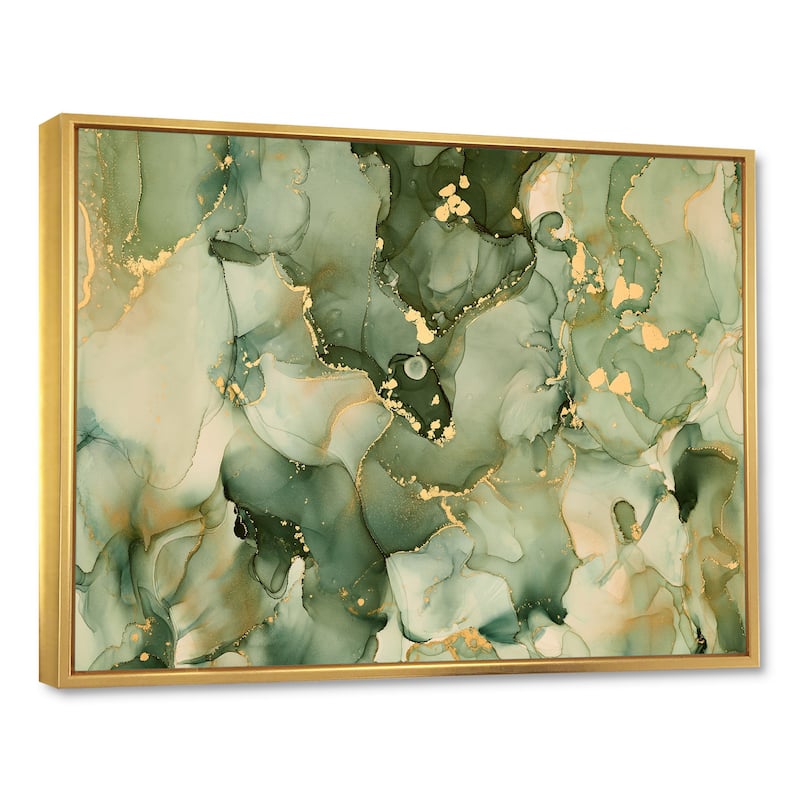 Designart "Green Luxury Abstract Fluid Art I" Modern Framed Canvas Wall Art Print - 32 in. wide x 24 in. high - Gold